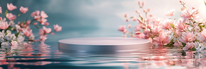 Fototapete - Clear glass podium floating over a reflective water surface, with colorful spring flowers and soft ripples creating a fresh and modern aesthetic. Long horizontal banner 3:1. Women's day, Mother's day