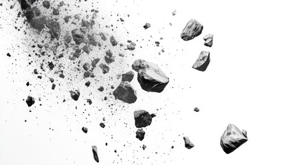 Poster - A digital artwork depicting rocks, dust, and debris falling against a blank white backdrop, symbolizing destruction and impact in a generative AI design.