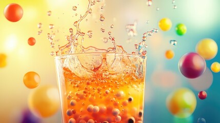 Poster - A dynamic splash of bubble tea spilling out of a transparent cup, with vivid colors and floating bubbles for a fun and energetic image.