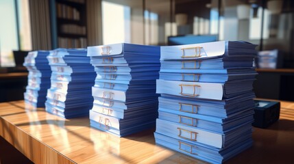 Poster - Organized Stacks of Blue Files in a Modern Office Environment Showcasing Document Management and IT Solutions for Personnel Use