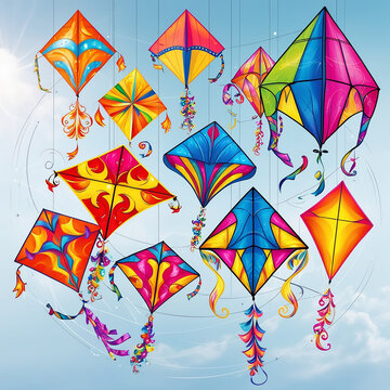 A set with beautiful brightly colored kites on a transparent background. Entertainment and party concept. National Kite Flying Day