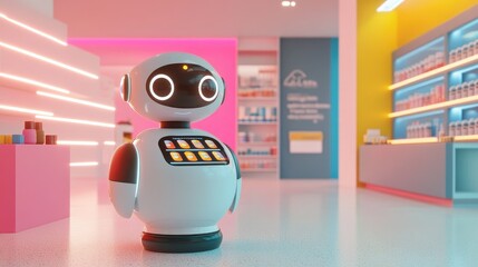 Poster - A friendly robot in a modern, brightly colored room presents a pill display, symbolizing innovation in healthcare technology and medication management.