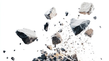 Fototapete - A generative AI illustration showing rocks and debris falling, creating a sense of motion and impact against a stark white background.