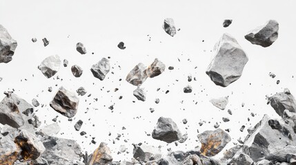 Fototapete - A generative AI illustration showing rocks and debris falling, creating a sense of motion and impact against a stark white background.