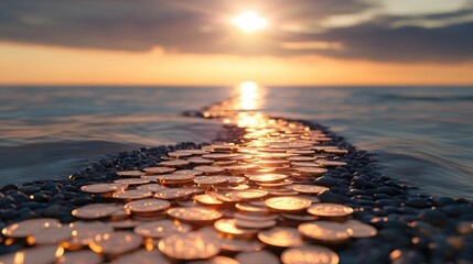 Poster - A glittering trail of coins stretches out towards a calm sky, representing financial success, wealth, and the fulfillment of one's ambitions.
