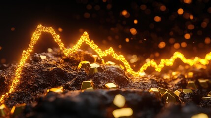 Aufkleber - A glowing gold line chart rising on a dark background, with visual elements like gold bars and data points beneath, illustrating the rise in gold prices.