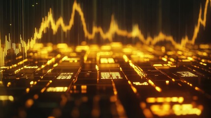 Poster - A glowing gold line graph depicting the rising price of gold, with data points on a dark background and gold bars below, symbolizing financial growth.