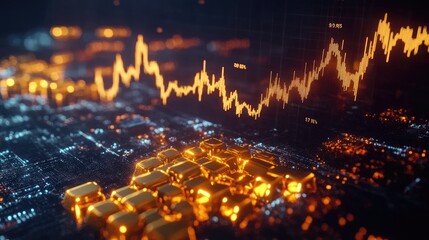 Poster - A glowing gold line graph depicting the rising price of gold, with data points on a dark background and gold bars below, symbolizing financial growth.