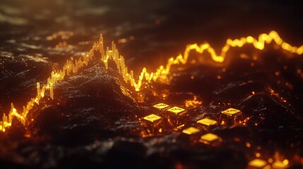 Poster - A glowing gold line graph on a dark background, highlighting the rising value of gold, with gold bars and data points beneath it, showcasing financial success.