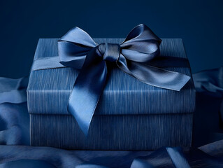 Poster - blue fabric gift box with ribbon bow isolated