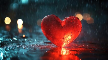 Poster - A glowing red heart against a rainy night backdrop, with bokeh lights creating a romantic and intimate setting.