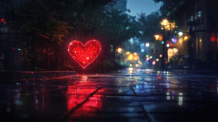 Poster - A glowing red heart illuminated by bokeh lights on a rainy night, setting the mood for a romantic, intimate atmosphere.