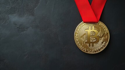 Poster - A golden Bitcoin medal with a red ribbon on a dark backdrop, symbolizing a prestigious award in cryptocurrency, highlighting success and accomplishment.