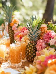 Aufkleber - Summer picnic filled with pineapples and tropical drinks surrounded by vibrant flowers in a sunny park. Generative AI