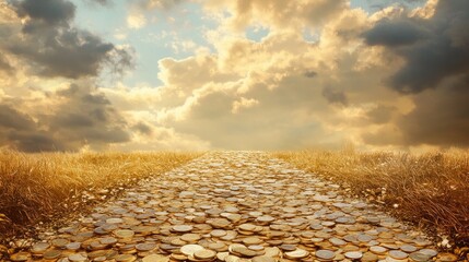 Poster - A golden pathway made of coins leading toward a peaceful, serene sky, symbolizing the journey to wealth, prosperity, and ambition.