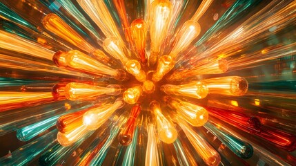 Poster - Dynamic light burst, abstract colorful explosion of rays, vibrant hues of orange, blue and green, modern art background.