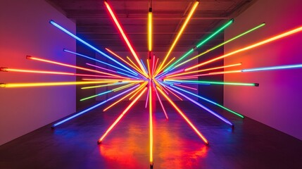 Poster - Vibrant light display, colorful neon lights radiating outward in a dynamic pattern, ideal for artistic or event promotion.