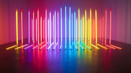 Poster - Colorful neon light bars, vibrant vertical lines glowing in various hues, modern artistic display, perfect for creative projects.
