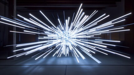Poster - Dynamic light burst effect, bright abstract explosion of white rays, modern digital art, perfect for tech design themes.