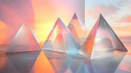 Poster - Colorful geometric pyramids reflecting on water, vibrant abstract design, suitable for modern art themes or digital backgrounds.