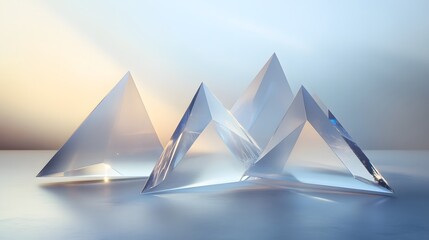 Poster - abstract glass pyramids on a reflective surface, showcasing light interplay, modern decor, art piece
