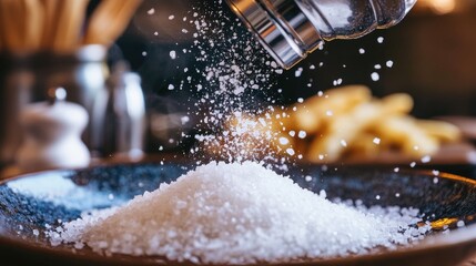 Poster - A high-resolution close-up of a salt grinder releasing coarse salt crystals onto a dish, adding a touch of seasoning and flavor to the meal.