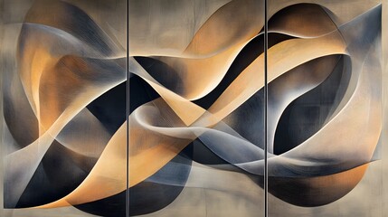 Poster - abstract art piece featuring flowing curves and waves, warm tones of gold and black creating dynamic