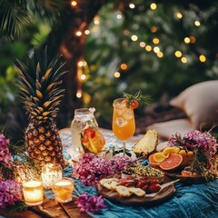 Aufkleber - Summer picnic ambiance with pineapples and tropical drinks under twinkling lights in a lush garden setting. Generative AI