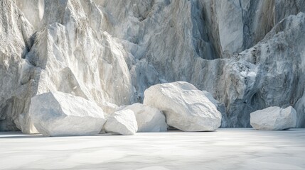 Poster - A horizontal view of smooth white marble rocks in a deserted quarry, showcasing the pristine quality of marble and the quiet solitude of a quarry.