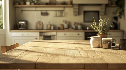 Poster - A light brown wooden table with a soft blur, set in a modern vintage kitchen environment, creating a relaxed and inviting atmosphere.