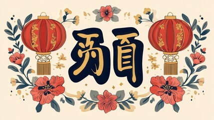 Wall Mural - A festive Chinese New Year sign showcasing the character (Good Luck), with intricate designs of flowers, lanterns, and gold accents.