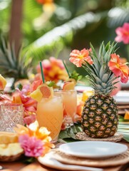 Aufkleber - Enjoying a vibrant summer picnic with tropical fruits and refreshing drinks amidst colorful flowers. Generative AI