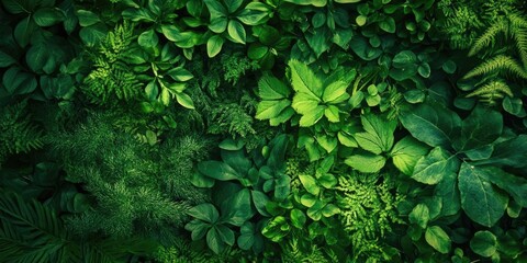 Wall Mural - Lush green foliage backdrop displaying a variety of leaf textures in deep greens arranged densely across the image with natural lighting.