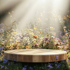 Wooden podium platform set in a field of tall grass and wildflowers, with soft sunlight and a nature-inspired design for organic products. Square social media post. Women's day, Mother's day, spring