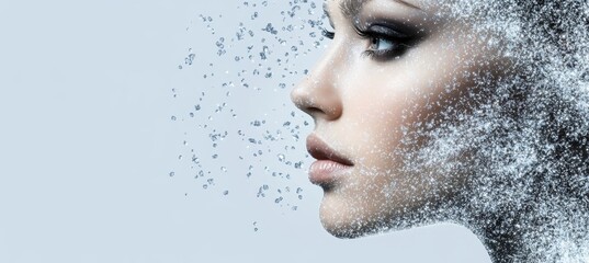 Poster - Abstract Portrait of a Woman s Profile with Futuristic Particle Trails on Blue, Digital Art