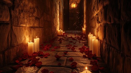Poster - A mysterious, dimly lit stone corridor adorned with flickering candles and scattered rose petals, evoking a romantic and enchanting atmosphere.