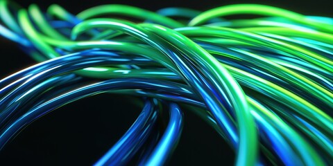 Poster - 3D render of green and blue cables, flowing in the air on a black background