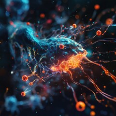 Aufkleber - Magnified view of a human cell under attack by a virus with detailed cellular structures illuminated in vibrant colors. Generative AI