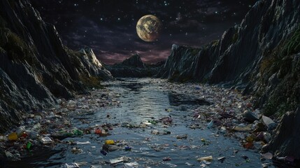 Poster - A polluted river with waste and plastic debris flowing into the water, reflecting the environmental issues contributing to global warming and climate change.