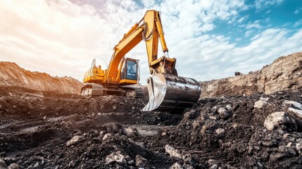Poster - A powerful coal mining scene with heavy machinery like excavators in action, digging through layers of earth, showcasing the energy industry at work.
