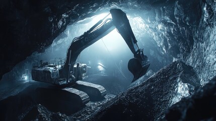 Poster - A powerful excavator at work in a coal mine, digging deep into the earth, showcasing heavy machinery in the coal mining industry for energy production.