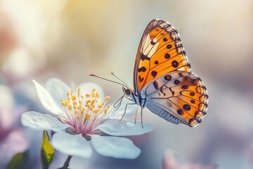 Sticker - Summer spring flowers with flying butterfly on blurred nature background