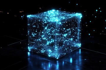 Poster - 3D rendering of a futuristic cube with glowing light particles on a dark background