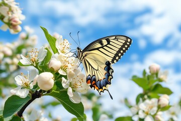 Sticker - Summer spring flowers with flying butterfly on blurred nature background