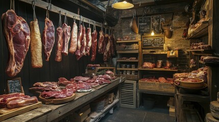 Poster - A rustic butcher shop with hanging cuts of meat, showcasing the traditional craftsmanship of butchery, with well-preserved and skillfully prepared meats.