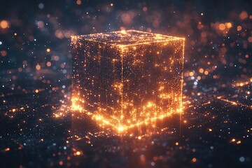Poster - 3D rendering of a futuristic cube with glowing light particles on a dark background