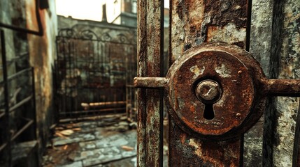 Poster - A rusty lock secures a weathered metal gate, surrounded by the decay of urban life, evoking a sense of neglect and forgotten spaces.
