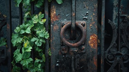 Poster - A rusty lock secures a weathered metal gate, surrounded by the decay of urban life, evoking a sense of neglect and forgotten spaces.