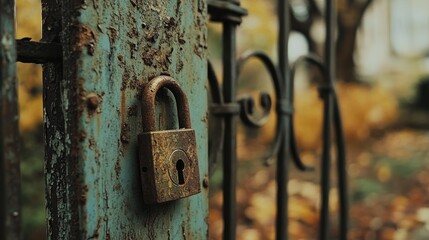 Poster - A rusty lock secures a weathered metal gate, symbolizing the quiet decline of urban spaces and the wear and tear of time.