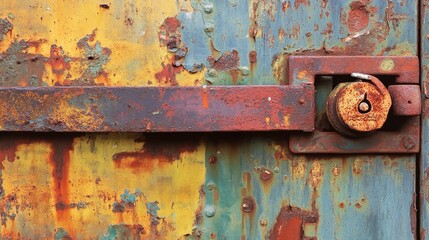 Poster - A rusty lock secures a weathered metal gate, symbolizing the quiet decline of urban spaces and the wear and tear of time.